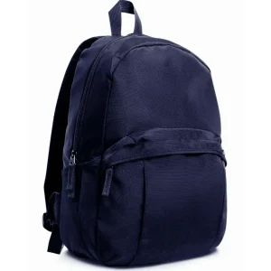 Vista frontal de la Mochila escolar Alesse roja con una correa negra y hebilla central, bolsillo curvo y bolsas laterales de malla.