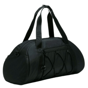 Mochilas deportivas, bolso de color negro, con una cuerda en la lateral como parte diseño, todos los detalles son de color negro.