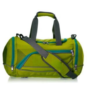 Mochilas deportivas, maleta deportiva de color verde con negro, los cierres son de color verde agua, la correa larga está cuzada en el bolso