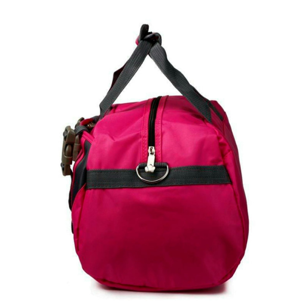 Vista lateral de Mochila Graff deportiva, diseño bicolor rosa/negro, equipada con correa de sujeción.