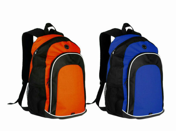 Dos mochilas con vista de lateral de color naranja y azul