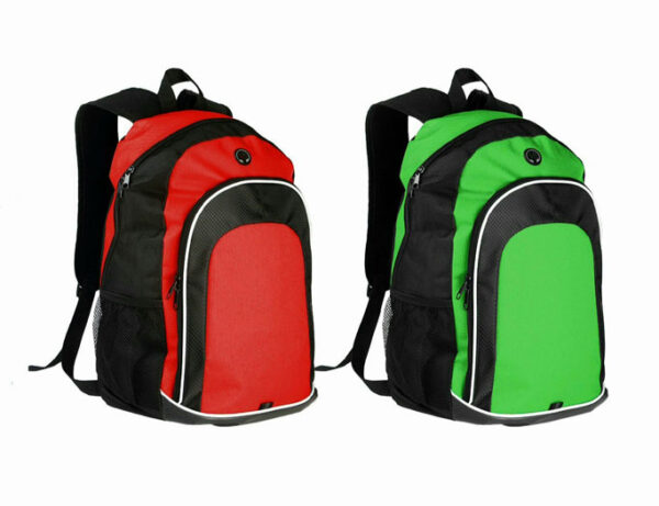 Dos mochilas con vista de lado de color rojo y verde