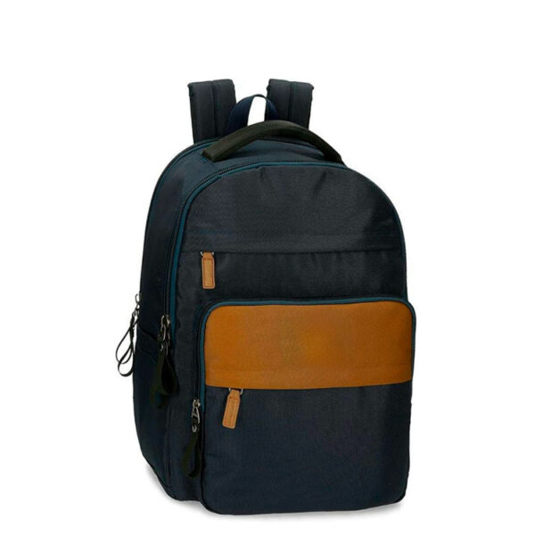 Mochila porta laptop Enzo de color azul medianoche con acentos en mostaza, una opción moderna y funcional para llevar tu laptop a todas partes.