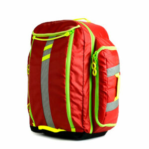 Mochila color naranja con detalles amarillo fosforecente con líneas en color gris