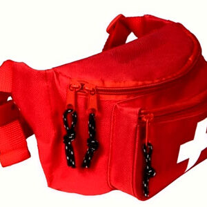 Mochila pequeña en rojo con dos lazos en negro con blanco y una cruz blanca en el medio