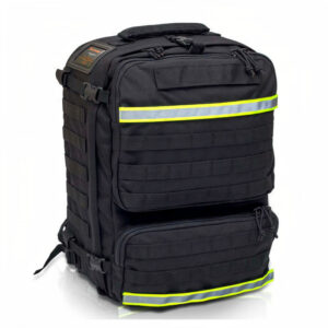 Mochila color negro con dos líneas en color amarillo y gris