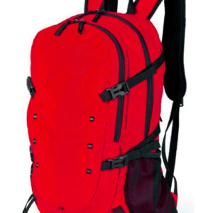 Imágen lateral frontal de Mochila de senderismo o montañas AUSTIN color rojo y negro , con bolsillos laterales de malla