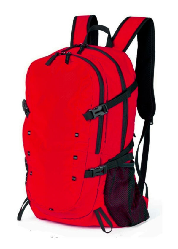 Imágen lateral frontal de Mochila de senderismo o montañas AUSTIN color rojo y negro , con bolsillos laterales de malla