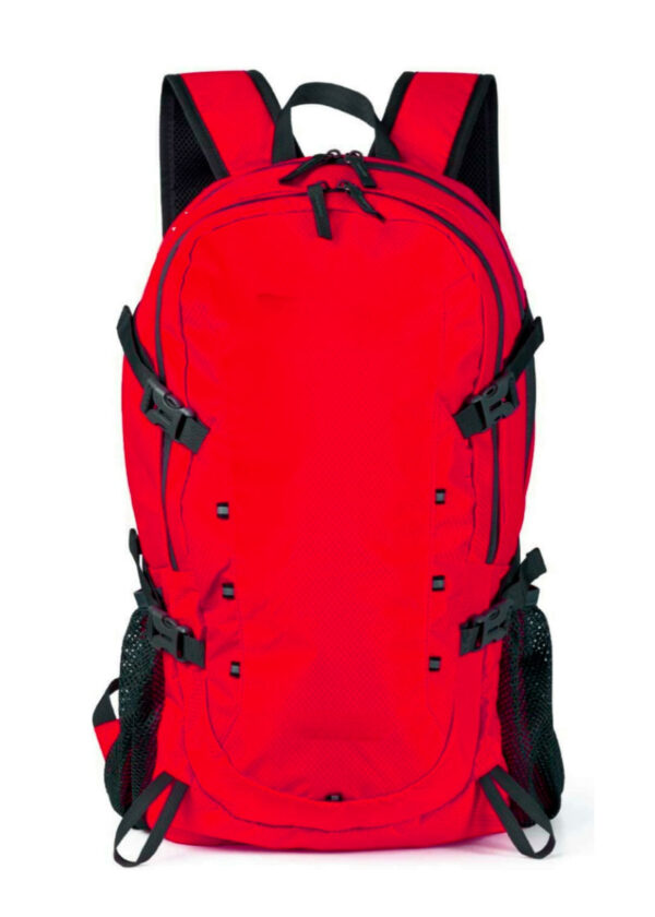 Imagen frontal de Mochila de senderismo o montañas AUSTIN color rojo con negro y bolsillos laterales de malla