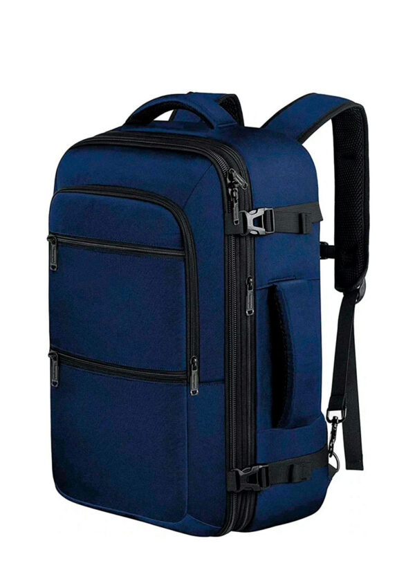 Parte frontal de Mochila de viaje Agnes con asa superior y frontal de mano, de color azul y diversas bolsas con cierre