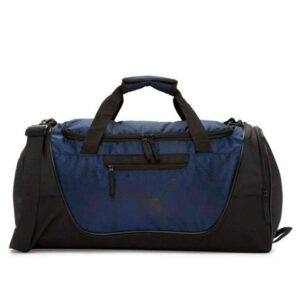 Vista frontal de Mochila de viaje Corzo de color azul con negro, con bolsas de cierre y asa superior de agarre
