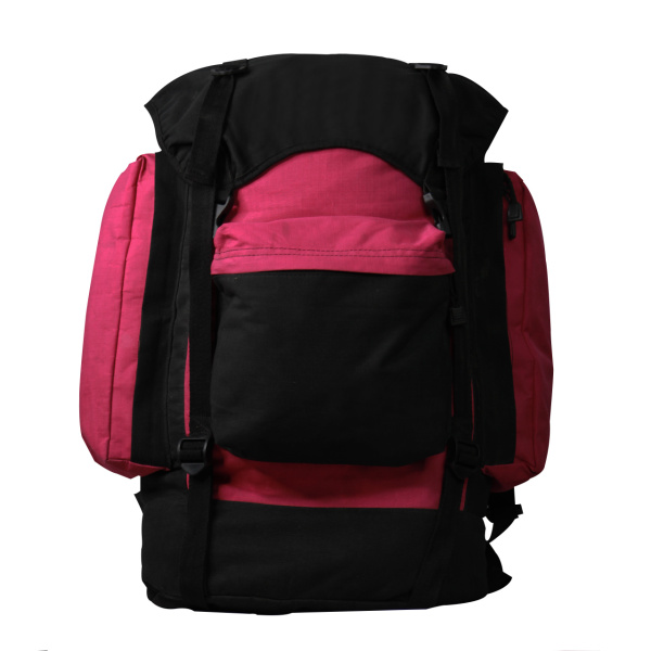 Vista frontal de Mochila para campamento de nylon rosa, con tapa para la bolsa principal y bolsillos laterales