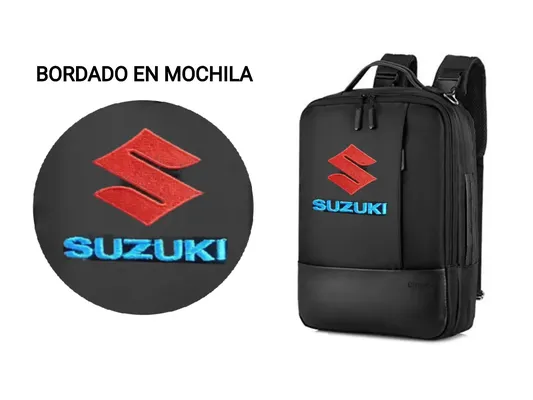 Mochila con marca, para qué sirven los artículos promocionales, la mochila es negra y tiene la logo de Suzuki