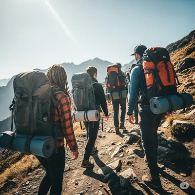 Personas de espaldas, haciendo senderismo en lo que parece una montaña, con las mejores mochilas de senderismo