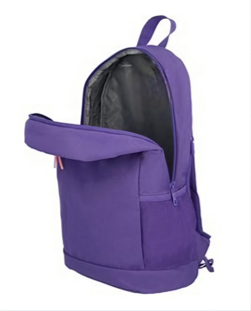 Mochilas escolares de color morado con un diseño liso, compartimento principal abierto y bolsillo frontal con cremallera.