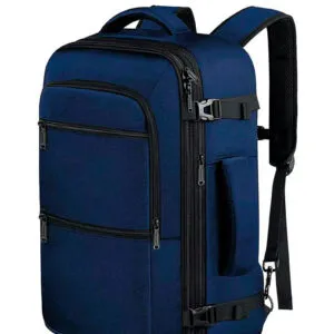 Front view of the Agnes travel backpack with top handle and front hand strap, blue color and various zippered pockets. Explore the world with Travel Backpacks perfect for unforgettable adventures AGNES TRAVEL BACKPACK