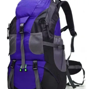 ALLEGRA hiking backpack in blue with two shades of gray, featuring adjustable straps and a top flap with zipper.