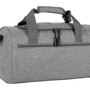 Allegra travel backpack in two shades of gray, with top hand straps and zippered pockets.