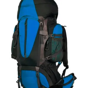 Side view of the AORUS hiking backpacks in blue and black, with adjustable straps, gray details, and a large black zipper on the front. AORUS HIKING BACKPACKS