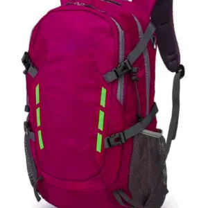 BERING hiking backpack in pink with gray, featuring adjustable straps, a top hand strap, and yellow line details.