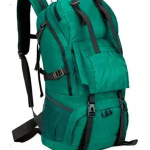 BORK hiking backpack in aqua green, with adjustable straps and a top hand strap in gray.