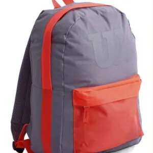Gray Denver School Backpack in three-quarter view, with engraved W logo, front pocket, and neon orange straps. Find the perfect school backpacks | Durability and comfort DENVER SCHOOL BACKPACK