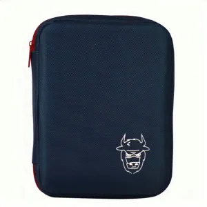 Liam School Pencil Case closed, front view. Navy blue textured fabric case with red zipper and white bull logo. Find the perfect school backpacks | Durability and comfort LIAM SCHOOL PENCIL CASE