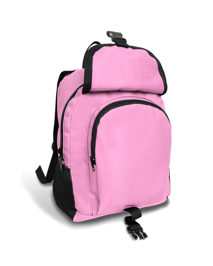A clean shot of a bright pink school backpacks with black trim pockets and a top flap isolated on a white background For added safety, reflective details can be integrated into school backpacks, particularly for students who commute early in the morning or late in the afternoon. This enhancement also creates opportunities for visually appealing branding elements.