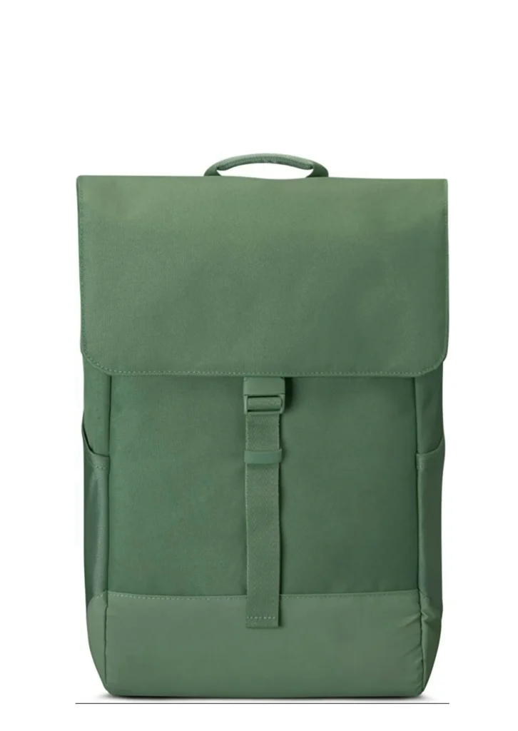 A sturdy muted green travel backpacks featuring a square silhouette a secured top flap and a small buckle strap on the front Short trips require efficiency and simplicity. These backpacks are ideal for weekend getaways, business visits, or lightweight mobility.