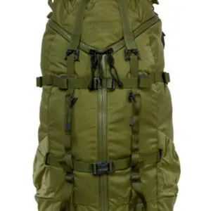 Front view of the NOIL hiking backpacks in green and black, with black adjustable straps and a dark green top flap. NOIL HIKING BACKPACKS