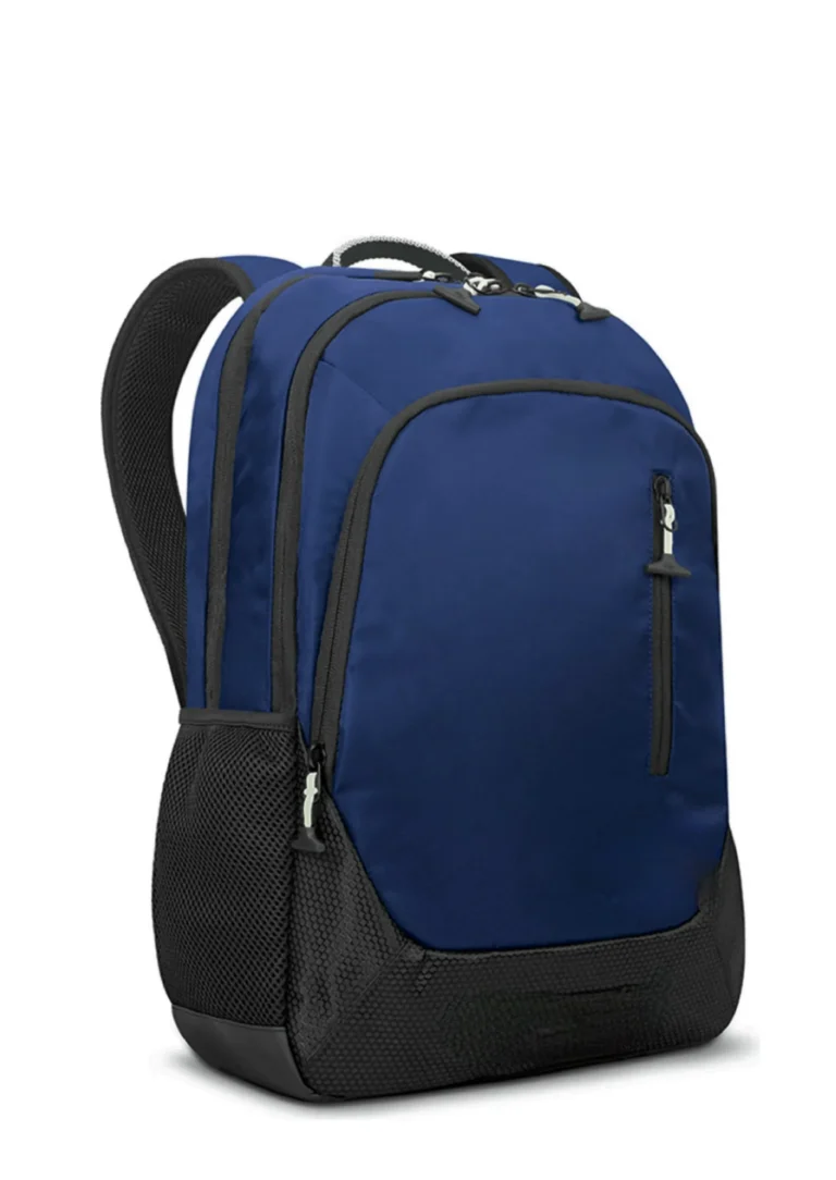 Professional dark blue travel backpacks featuring multiple zippered compartments black mesh side pockets and a padded bottom Long trips require superior resistance and smart internal architecture. These models resemble the long-term durability approach used in durable school packs, ensuring reliability even with demanding loads.