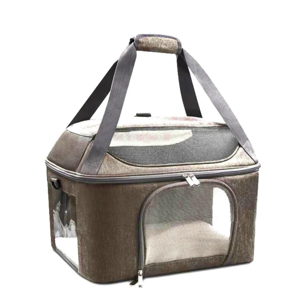 Lightweight pet carrier backpack with breathable mesh and a stylish brown canvas base for pets on the go
