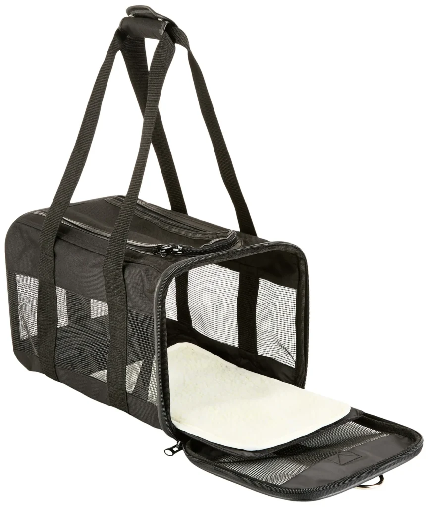 Comfortable and breathable pet carrier backpack with mesh windows and a plush fleece mat for small pets.