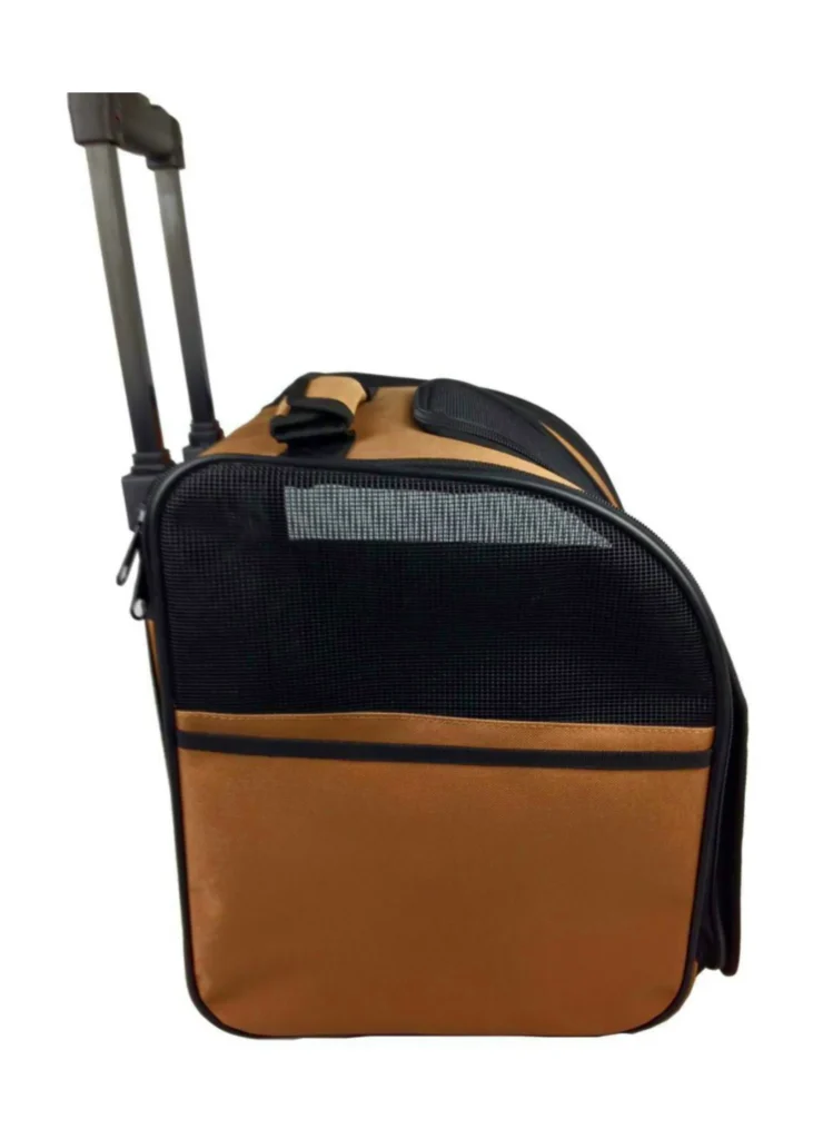 Stylish brown and black pet carrier backpack featuring ventilated mesh panels for maximum airflow and pet safety