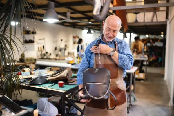 Mochila personalizada terminada Hombre en un taller sostenido una mochila personalizada que acaba de terminar de hacer.